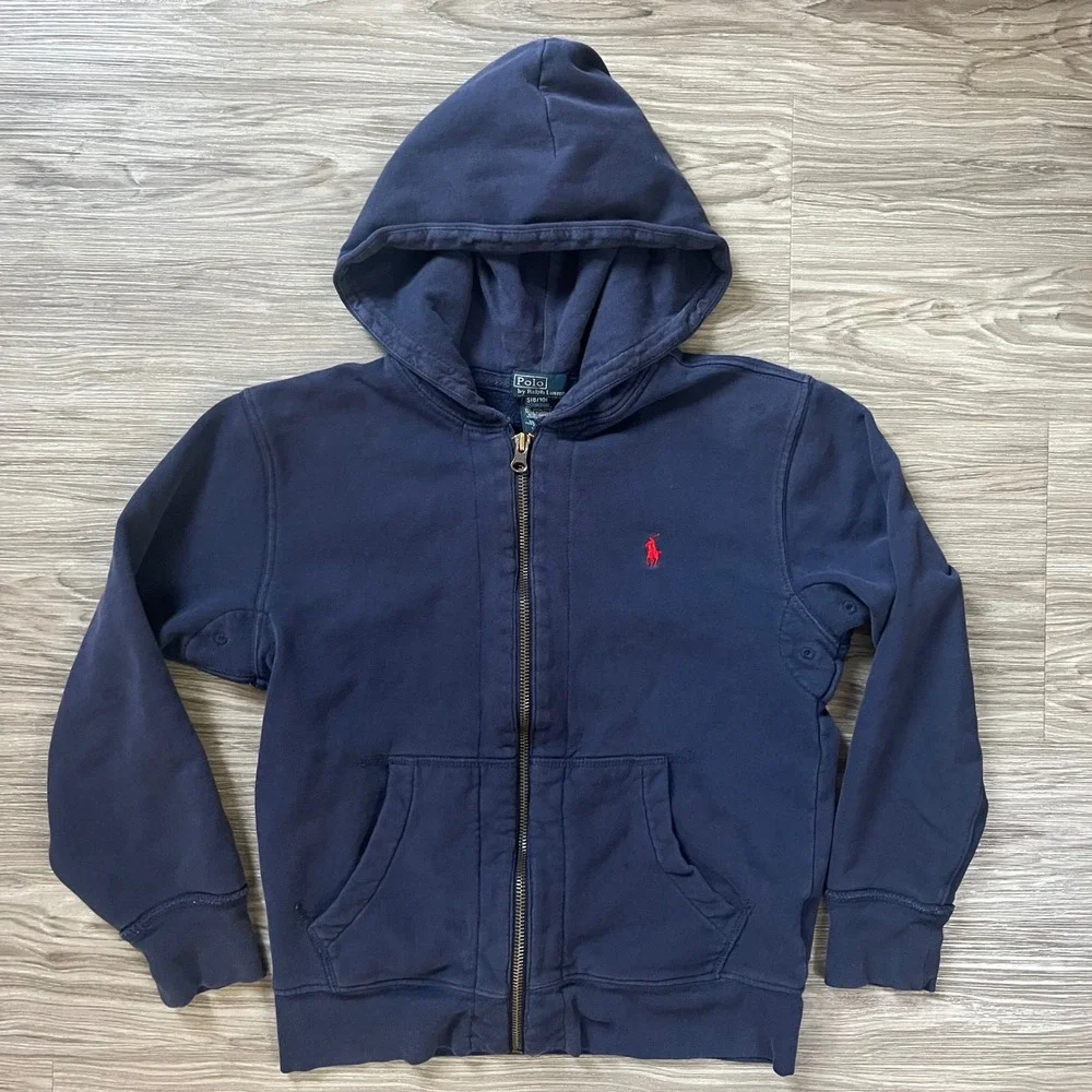 Polo Ralph Lauren Boys Navy Blue Full Zip Hoodie Sweatshirt Size S 8-10 Red Pony